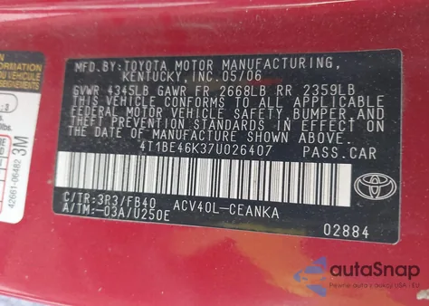 2007 Toyota Camry Le из США, поврежденный, VIN 4T1BE46K37U026407